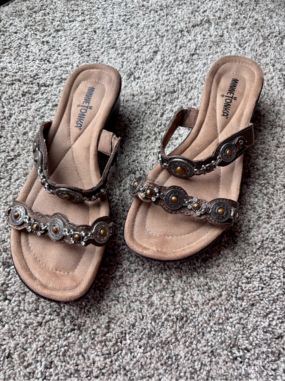 Minnetonka Brown Beaded Double-Strap Slide Sandals